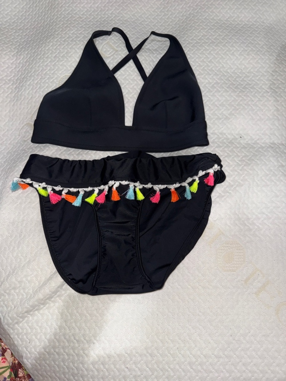 VENUS Black Bikini Set Size 8 Top 10 Bottom Tassel Trim Swimwear